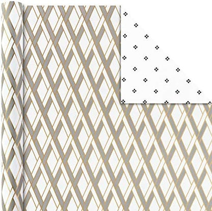 Hallmark Reversible Wrapping Paper Bundle with Ribbon & Gift Tag Stickers - Black, Gold Stripes, Plaid (3 Pack, 120 sq. ft. TTL, 30 Yds. Mini Ribbon, 36 Labels) for Graduations, Weddings, Christmas
