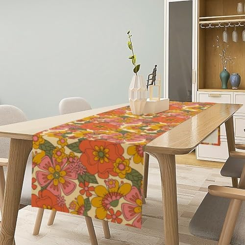 Retro 70s Floral Table Runner Hippie Daisy Flower Peace Love Birthday Party Retro Kitchen Dinning Home Decoration 13x108 Inch