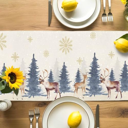 Christmas Table Runner Dresser Scarf 13 x 36 Inch Vintage PineTree Forest Elk Glod Snowflakes Linen Table Runners Non-Slip Heat Resistant Kitchen Dining Table Decor for Home Holidays Indoor Outdoor