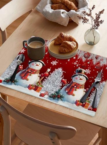 Christmas Red Placemats Set of 4, Cotton Linen Snowflake Cute Snowman Table Mats Non-Slip Washable Xmas Tree Red Christmas Balls Ornaments Placemat for Xmas Dining Kitchen Table Decor