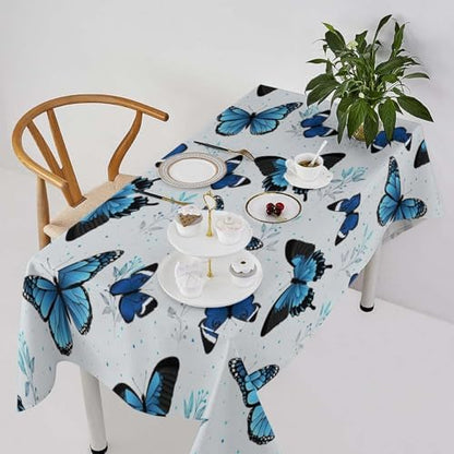 Blue Flying Butterfly Tablecloth, Vintage Celestial Butterfly Herbs Leaves Flower Print Table Cloth for Farmhouse Kitchen Party Picnic Dinner Decor 55x55in