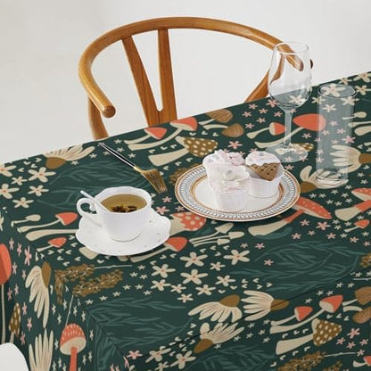 Mushroom Table Cloth, Vintage Woodland Summer Flowers Plants Forest Botanical Leaves Table Cover for Farmhouse Kitchen Dining Room Table Decor 60x110in