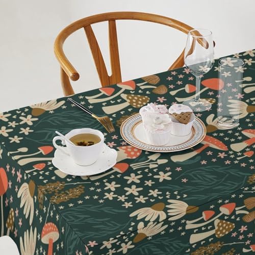 Mushroom Table Cloth, Vintage Woodland Summer Flowers Plants Forest Botanical Leaves Table Cover for Farmhouse Kitchen Dining Room Table Decor 60x90in