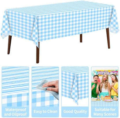 CXPSINC 54 Inch X 300 Feet Plastic Table Cover Roll Disposable Tablecloth with Slide Cutter for All Type/Shape Tables | Party, Banquet, Birthdays, Weddings(Light Blue Checkered, 300 Feet)