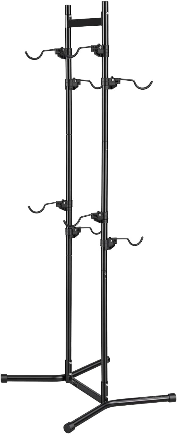 VEVOR Bike Stand for 2 Bikes, Freestanding Vertical Bike Storage Rack, with Height-Adjustable Hooks, Heavy-Duty Carbon Steel Standing Bicycle Floor Stand, Ideal for Garage, Apartment, Home, Black