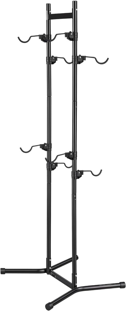VEVOR Bike Stand for 2 Bikes, Freestanding Vertical Bike Storage Rack, with Height-Adjustable Hooks, Heavy-Duty Carbon Steel Standing Bicycle Floor Stand, Ideal for Garage, Apartment, Home, Black