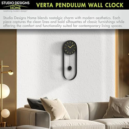 VERTA Modern Pendulum Wall Clock, Minimalist Black Iron Wall Clock with Gold Accents, Quartz Movement, Swinging Pendulum, 21.75″ Tall