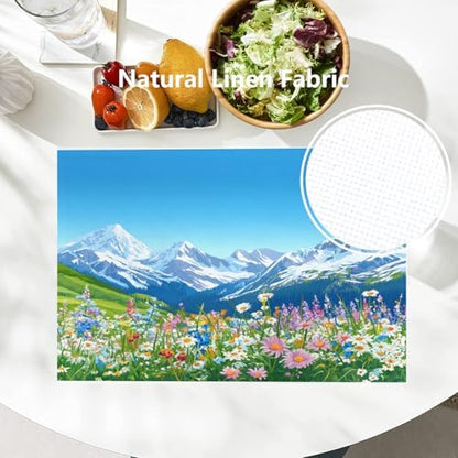 Batmerry Serene Environment Alpine Ry Linen Placemats Set of 8, Blooming Flora Mountainous Terrain Washable Table Mats for Kitchen Table Thickened Heat Insulation Dining Set Indoor Outdoor 12X18 in