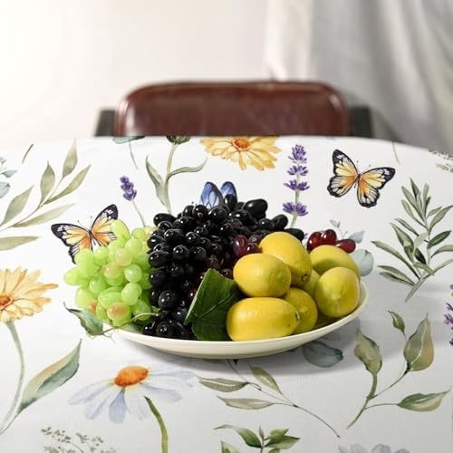 Watercolor Wildflowers Tablecloth, Summer Daisy Lavender Eucalyptus Branches Leaves Print Table Cover for Tea Party Weddings Indoor Outdoor Dining 60x120in