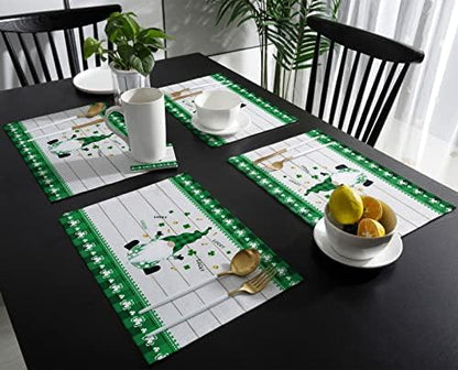 St. Patrick's Day Gnomes Clover Placemats Set of 4,Irish Green Buffalo Check Plaid Clover Cotton Linen Heat Resistant Table Mats Washable Spring Holidays Decorations For Kitchen Dining Table