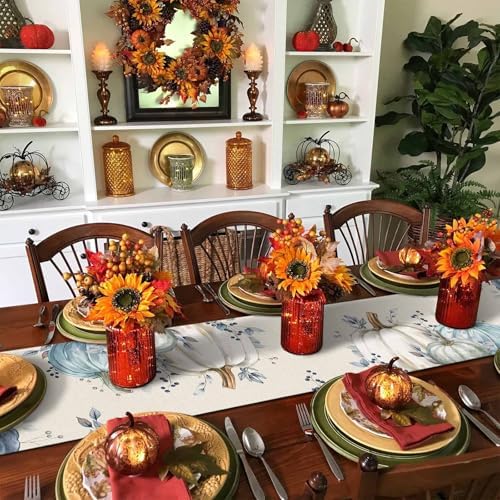 Fall Pumpkin Table Runner Dresser Scarf 13 x 72 Inch White Blue Leaves Rustic Table Runners Non-Slip Heat Resistant Kitchen Dining Table Decor for Autumn Thanksgiving Holidays Indoor Outdoor