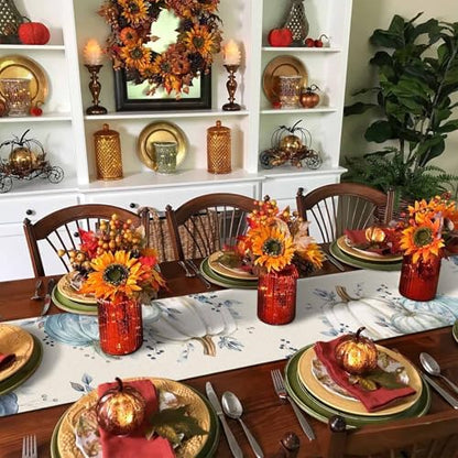 Fall Pumpkin Table Runner Dresser Scarf 13 x 70 Inch White Blue Leaves Rustic Table Runners Non-Slip Heat Resistant Kitchen Dining Table Decor for Autumn Thanksgiving Holidays Indoor Outdoor