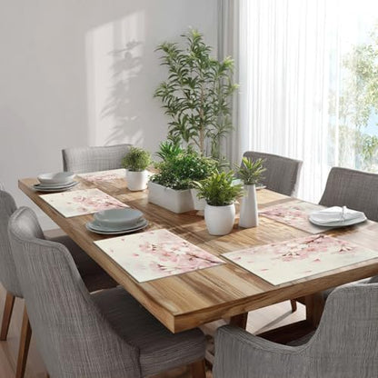 Batmerry Vintage Cherry Blossom Linen Placemats Set of 4, Delicate Watercolor Pink Flowers Washable Table Mats for Kitchen Table Thickened Heat Insulation Dining Set Indoor Outdoor 12X18 in