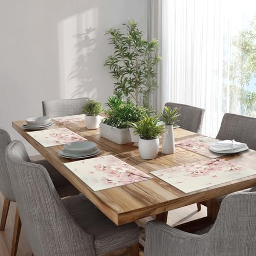 Batmerry Vintage Cherry Blossom Linen Placemats Set of 6, Delicate Watercolor Pink Flowers Washable Table Mats for Kitchen Table Thickened Heat Insulation Dining Set Indoor Outdoor 12X18 in