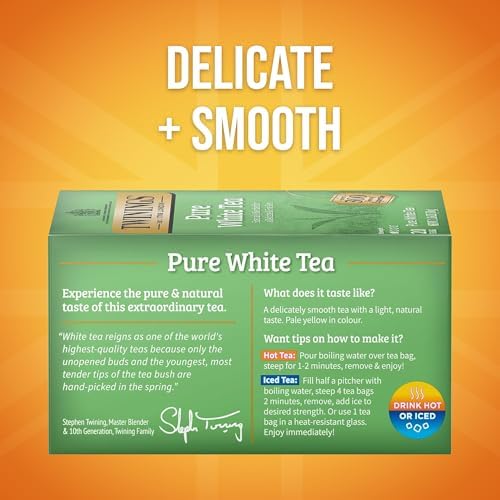 Twinings Pure White Tea Individually Wrapped Bags, 20 Count (Pack of 1), Light & Fresh, Caffeinated, Enjoy Hot or Iced, 20 Teabags