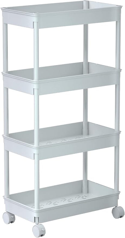 Sooyee 4 Tier Wide Storage Cart Mobile Shelving Unit Organizer Slide Out Storage Rolling Utility Cart Tower Rack for Kitchen Bathroom Laundry, Plastic & Stainless Steel,White