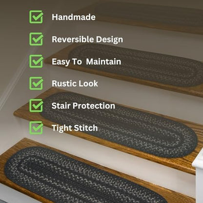 Homespice Jet Black Jute Braided Stair Treads, Oval 8x28 Set of 13