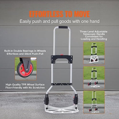 VEVOR Folding Hand Truck, 80 kg Load Capacity, Aluminum Portable Cart, Convertible Hand Truck and Dolly with Telescoping Handle and Rubber Wheels, Ultra Lightweight Super Strong for Moving Warehouse