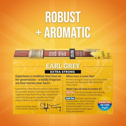 Twinings Earl Grey Extra Strong Black Tea Individually Wrapped Bags, 20 Count (Pack of 6), Flavoured with Citrus and Bergamot, Caffeinated, Enjoy Hot or Iced, 120 Teabags