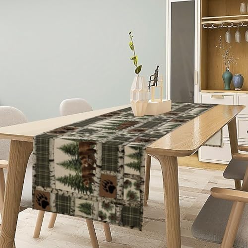 Rustic Cabin Moose Deer Bear Table Runner, Retro Bear Cottage Country Style Cabin Farmhouse Dinner Runner for Home Kitchen Dining Table Decoration 13x70inch