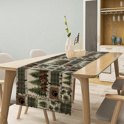 Rustic Cabin Moose Deer Bear Table Runner, Retro Bear Cottage Country Style Cabin Farmhouse Dinner Runner for Home Kitchen Dining Table Decoration 13x70inch