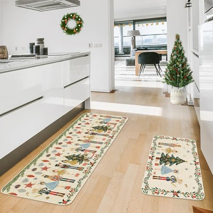 JarThenaAMCS Christmas Nutcracker Kitchen Mat Set of 2 Watercolor Nutcracker Kitchen Floor Mats Xmas Cartoon Non-Slip Door Rugs for Party Home Entrance, 17 x 29 Inch & 17 x 47 Inch
