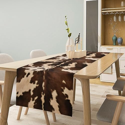 Cow Print Table Runner, Brown Cowhide Western Style Runner Country Farmhouse Cottage Patten Decoration for Home Kitchen Dining,13x36 Inch