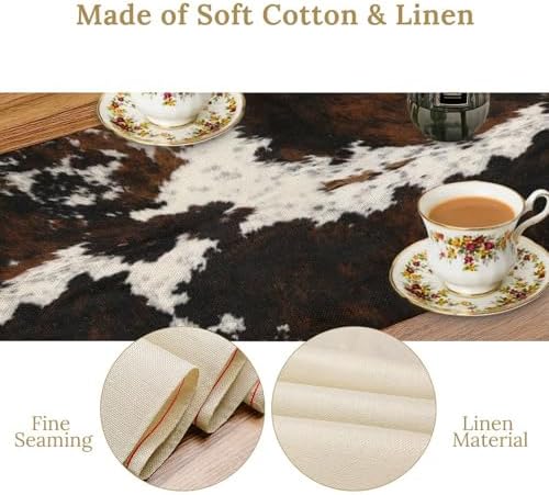 Vintage Cow Print Table Runner, Rustic Cottage Country Farm Animal Fur Skin Pattern Western Style Black Brown Cowhide Print Dinner Runner for Home Kitchen Dining Table Decoration 13x120 Inch