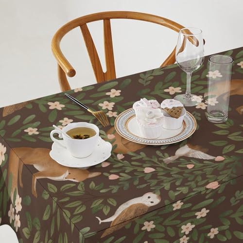 Woodland Animals Tablecloth, Rustic Forest Fox Owl Bird Green Plants Leaves Print Table Cover for Farmhouse Kitchen Dinning Indoor Outdoor Party Decor 60x110in