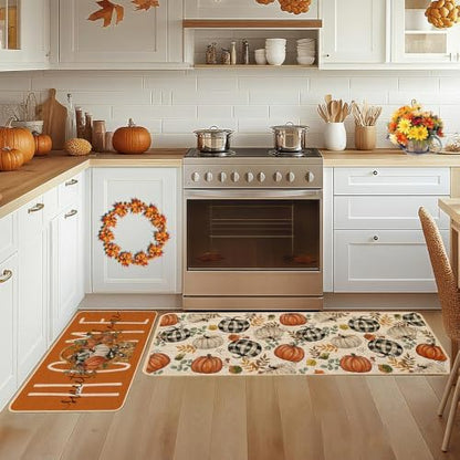 Baccessor Fall Pumpkin Basket Kitchen Rugs Set of 2,Thanksgiving Autumn Home Sweet Home Farmhouse Mat Washable Non Slip Low-Profile Indoor Floor Holiday Hallway Laundry Sink Decor 17x29 and 17x47 Inch