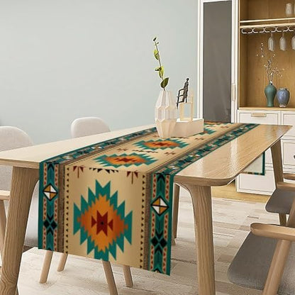 Aztec Southwest Table Runner, Ethnic Style Design Geometric Triditional Kitchen Table Runners Table Setting Decor for Garden Farmhouse Wedding Party Holiday Dinner Home, 13x108 Inch