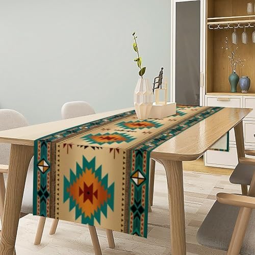 Aztec Southwest Table Runner, Ethnic Style Design Geometric Triditional Kitchen Table Runners Table Setting Decor for Garden Farmhouse Wedding Party Holiday Dinner Home, 13x90 Inch
