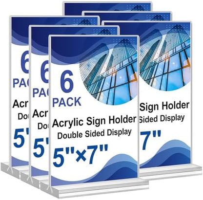 Acrylic Sign Holder 5x7,6 Pack Clear Plastic Table Display Vertical Double-Sided Desktop Display Stand Paper Holder Clear Table Sign Holder for Menu ad Frame Suitable Restaurants Meeting Office Store