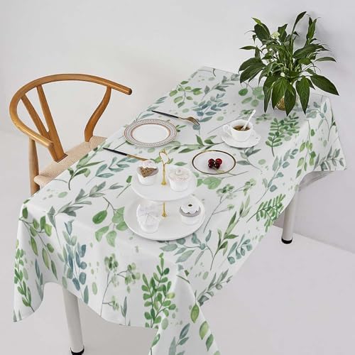 Sage Leaves Tablecloth, Watercolor Spring Floral Green Eucalyptus Leaf Print Table Cover for Farmhouse Kitchen Dinning Indoor Outdoor Party Decor 60x110in