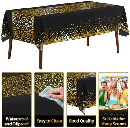 CXPSINC 54 Inch X 100 Feet Plastic Table Cover Roll Disposable Tablecloth with Slide Cutter for All Type/Shape Tables | Party, Banquet, Birthdays, Weddings(Black Golden Dot, 100 Feet)
