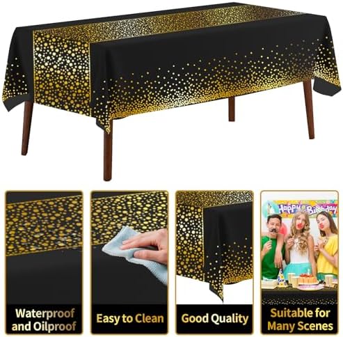 CXPSINC 54 Inch X 300 Feet Plastic Table Cover Roll Disposable Tablecloth with Slide Cutter for All Type/Shape Tables | Party, Banquet, Birthdays, Weddings(Black Golden Dot, 300 Feet)