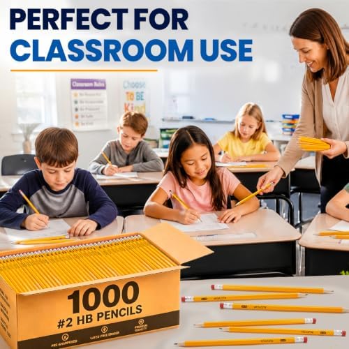 Wood-Cased #2 HB Pencils Bulk Pack 1000 Pencils Pre-Sharpened 24 Sharpeners