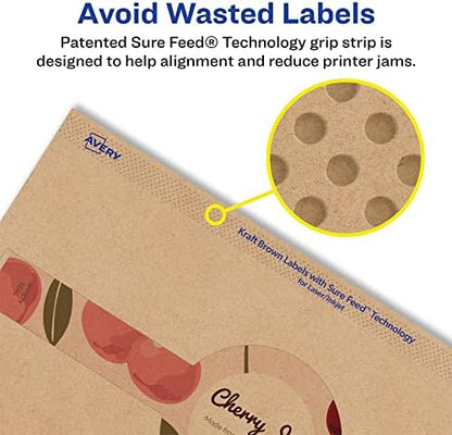 Avery® Kraft Brown Wraparound Band Labels, Sure Feed® Technology, 2-3/8" x 8", 150 Kraft Brown Labels, Laser/Inkjet Printable Labels