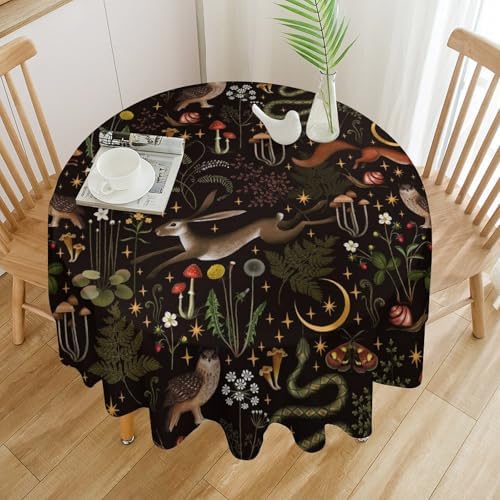 Rustic Forest Tablecloth, Fairy Tale Forest Woodland Wild Animals Moths Flowers Moon Star Table Cover for Home Kitchen Dining Table Party Camping Decor, 70x70in