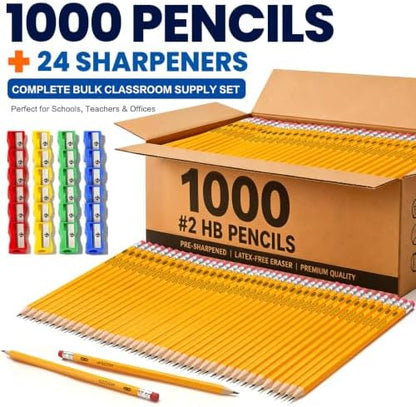 Wood-Cased #2 HB Pencils Bulk Pack 1000 Pencils Pre-Sharpened 24 Sharpeners