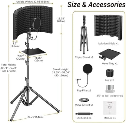 TONOR Isolation Shield Pack for Mic, Acoustic Foam Shield with Pop Filter & Tripod Stand, Foldable Design, Compatible with Blue Yeti, AT2020, Recording, Podcasts, Singing, Max 70 inch, Stand Included
