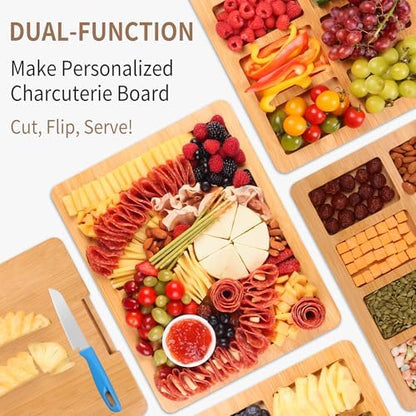 CAWIU Charcuterie Board with Lid and Handle - Portable Travel Design Bamboo Cheese Board Set with 4 Cheese Tools, Gift for Housewarming, Weddings, Picnics(8 Compartments, White)