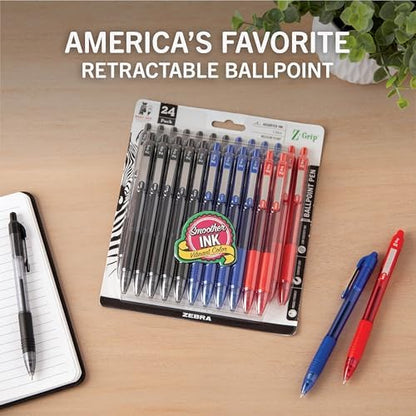 Zebra Pen Z-Grip Retractable Ballpoint Pen, Black, Blue, Red, 1.0mm, 24-Pk