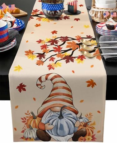Fall Table Runner Fall Gnome Table Runners Harvest Thanksgiving Maple Leaves Blue Pumpkin Cotton Linen Dresser Scarf Kitchen Dining Table Decor for Autumn Holiday Party Coffee 13x36 Inch