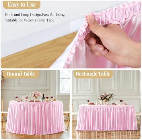 Wish Care 9ft Pink Satin Table Skirt for Rectangle Tables Wrinkle Free Teacher Desk Skirt Glitter Ruffle Table Skirting Cloth for Back to School Classroom Office Dorm Girls Birthday Party Table Decor