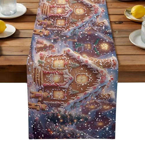 Christmas Table Runner Dresser Scarf 13 x 36 Inch Gingerbread Man House Candy Winter Night Snow Scene Table Runners Non-Slip Heat Resistant Kitchen Dining Table Decor for Home Holidays Indoor Outdoor