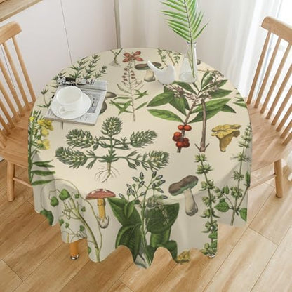 Vintage Botanical Tablecloth, Antique 1900s Mushroom Boho Wildflower Green Herbs Ferns Farmhouse Table Cover for Party Picnic Dinner Decor, 50x50in