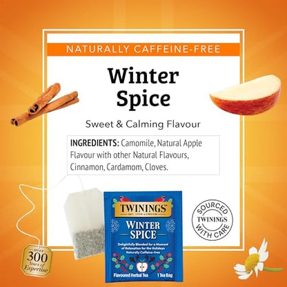 Twinings Winter Spice Herbal Tea Individually Wrapped, 20 Count (Pack of 1), Camomile, Apple, Cinnamon, & Clove, Naturally Caffeine-Free, Enjoy Hot or Iced, 20 Teabags