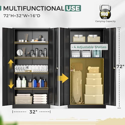Greenvelly Storage Cabinet, 72” Black Garage Steel Locking Cabinet with Doors and 4 Adjustable Shelves, Tall Lockable File &Tool Cabinet for Home Office, Metal Classroom Cabinet Basement