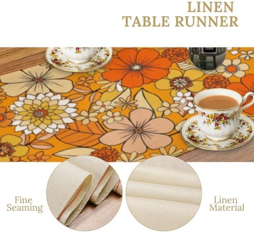 Floral Table Runner Retro 70s Hippie Daisy Flower Peace Love Birthday Party Retro Kitchen Dinning Home Decoration 13x36 Inch